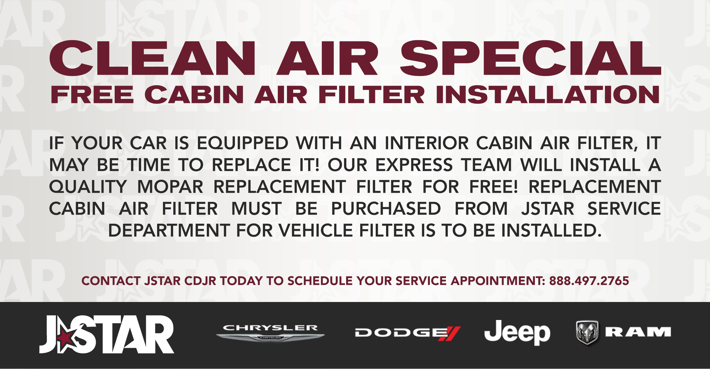 FREE INSTALLATION OF CABIN AIR FILTER