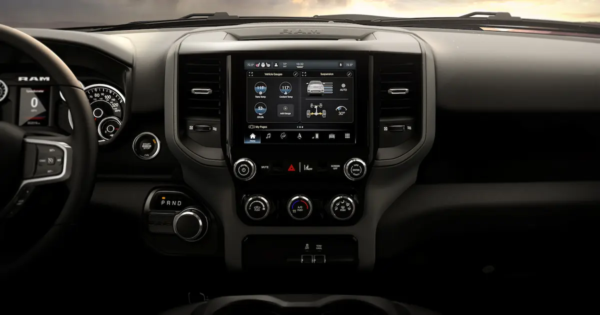 Interior dashboard and infotainment system of a RAM 1500.